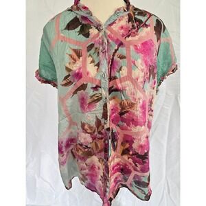 JOHNNY WAS Womens S Floral Geometric Print Short Sleeve Button Up Shirt‎ Top